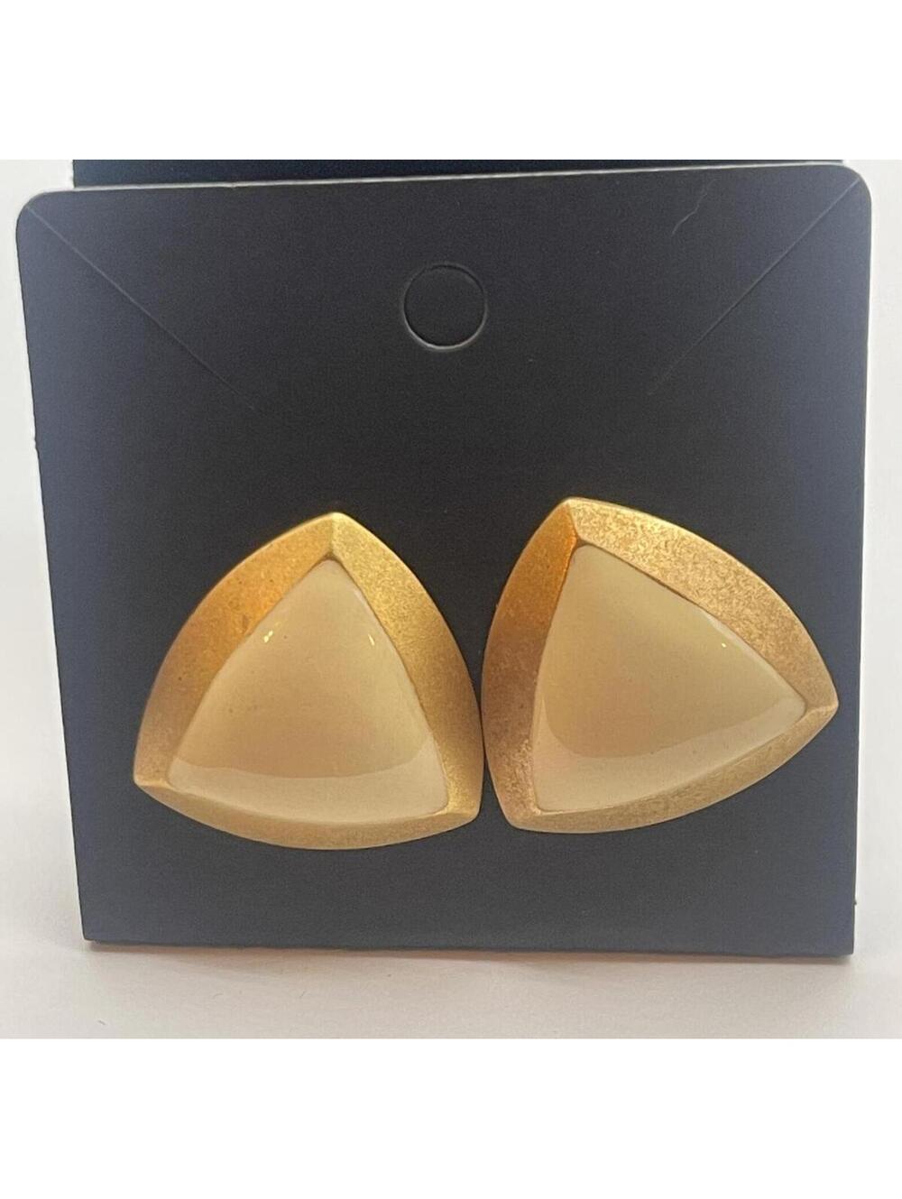 Vintage Gold Tone Cream Triangle Stud Earrings